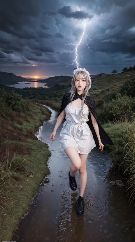 1girl, flat chest, shiny skin, maid uniform, maid dress, white apron, black footwear, maid headdress, running, fleeing, scared expression, fearful, panic, wide eyes, :o, open mouth, unnatural posture, dynamic pose, strained, body twisted, limbs akimbo, motion blur, cloak, flowing cloak, hood, obscured face, dark clouds, thunderstorm, lightning, storm, rain, pouring rain, puddle, wet ground, rocky terrain, cliff, ravine, uneven ground, treacherous path, mountain, hills, dusk, sunset, orange sky, silhouette, dramatic lighting, chiaroscuro, highlights, shadows, dramatic atmosphere, suspense, action, adventure, single subject, masterpiece, best quality, official art, extremely detailed CG unity 8k wallpaper, artbook, real life, instagram, cinematic lighting, high quality shadow, ulzzang:0.8, <lora:epi_noiseoffset2:0.3>, <lora:InstantPhotoX3:0.2>, <lora:picxer_real:0.4>,