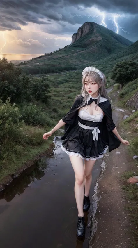 1girl, flat chest, shiny skin, maid uniform, maid dress, white apron, black footwear, maid headdress, running, fleeing, scared expression, fearful, panic, wide eyes, :o, open mouth, unnatural posture, dynamic pose, strained, body twisted, limbs akimbo, motion blur, cloak, flowing cloak, hood, obscured face, dark clouds, thunderstorm, lightning, storm, rain, pouring rain, puddle, wet ground, rocky terrain, cliff, ravine, uneven ground, treacherous path, mountain, hills, dusk, sunset, orange sky, silhouette, dramatic lighting, chiaroscuro, highlights, shadows, dramatic atmosphere, suspense, action, adventure, single subject, masterpiece, best quality, official art, extremely detailed CG unity 8k wallpaper, artbook, real life, instagram, cinematic lighting, high quality shadow, ulzzang:0.8, <lora:epi_noiseoffset2:0.3>, <lora:InstantPhotoX3:0.2>, <lora:picxer_real:0.4>,