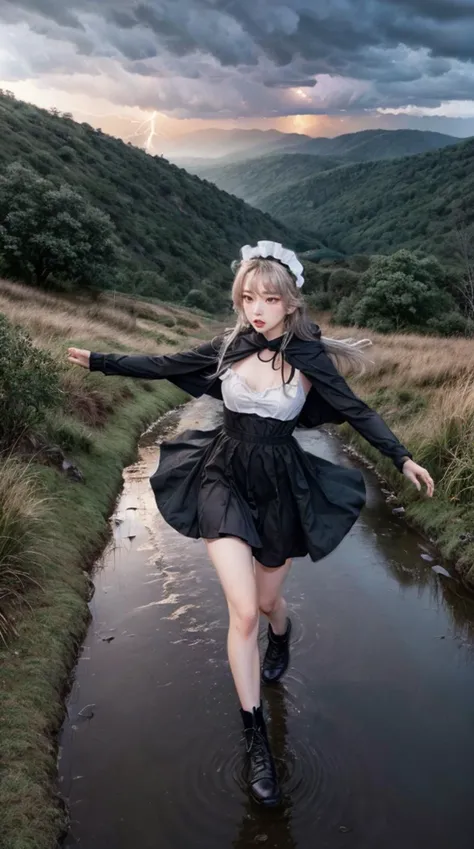 1girl, flat chest, shiny skin, maid uniform, maid dress, white apron, black footwear, maid headdress, running, fleeing, scared expression, fearful, panic, wide eyes, :o, open mouth, unnatural posture, dynamic pose, strained, body twisted, limbs akimbo, motion blur, cloak, flowing cloak, hood, obscured face, dark clouds, thunderstorm, lightning, storm, rain, pouring rain, puddle, wet ground, rocky terrain, cliff, ravine, uneven ground, treacherous path, mountain, hills, dusk, sunset, orange sky, silhouette, dramatic lighting, chiaroscuro, highlights, shadows, dramatic atmosphere, suspense, action, adventure, single subject, masterpiece, best quality, official art, extremely detailed CG unity 8k wallpaper, artbook, real life, instagram, cinematic lighting, high quality shadow, ulzzang:0.8, <lora:epi_noiseoffset2:0.3>, <lora:InstantPhotoX3:0.2>, <lora:picxer_real:0.4>,