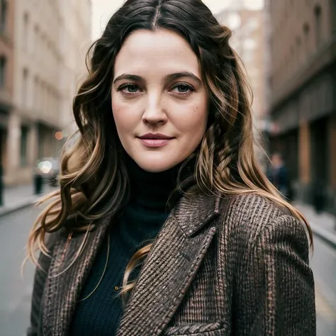 <lyco:Drew Barrymore_v1.0:0.9>photo of Drew Barrymore), a woman, RAW, close portrait photo, long brown coat, turtleneck, long haircut, curvy, (high detailed skin:1.2), 8k uhd, dslr, soft lighting, high quality, film grain, Fujifilm XT3 sharp focus, f 5.6, detailed skin texture, (blush:0.2), (goosebumps:0.3), subsurface scattering