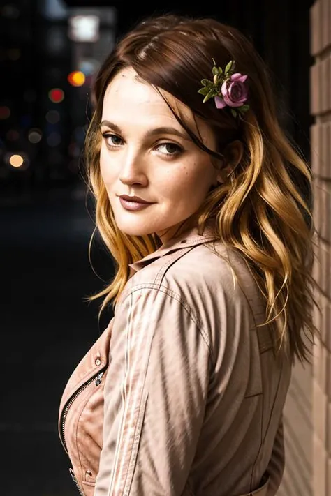 <lyco:Drew Barrymore_v1.0:0.9>photo of Drew Barrymore), a woman, ((light blonde hair)), RAW, close portrait photo, leather jacket, punk t-shirt, curvy, (high detailed skin:1.2), 8k uhd, dslr, soft lighting, high quality, film grain, Fujifilm XT3 sharp focus, f 5.6, detailed skin texture, (blush:0.2), (goosebumps:0.3), subsurface scattering