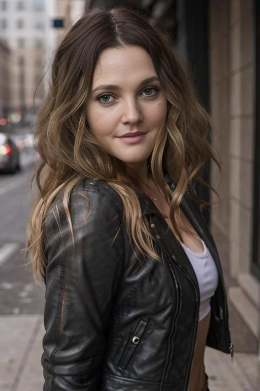 <lyco:Drew Barrymore_v1.0:0.9>photo of Drew Barrymore), a woman, ((((light blonde hair)))), RAW, closeup portrait photo, leather jacket, black t-shirt with pink design, curvy, (high detailed skin:1.2), 8k uhd, dslr, soft lighting, high quality, film grain, Fujifilm XT3 sharp focus, f 5.6, detailed skin texture, (blush:0.2), (goosebumps:0.3), subsurface scattering