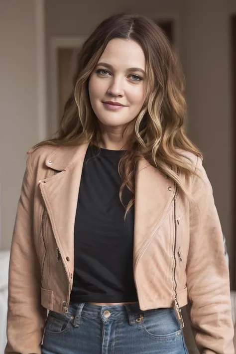 <lyco:Drew Barrymore_v1.0:0.9>photo of Drew Barrymore), a woman, smiling, ((((light blonde hair)))), RAW, closeup portrait photo, black leather jacket, black t-shirt with pink design, curvy, (high detailed skin:1.2), 8k uhd, dslr, soft lighting, high quality, film grain, Fujifilm XT3 sharp focus, f 5.6, detailed skin texture, (blush:0.2), (goosebumps:0.3), subsurface scattering