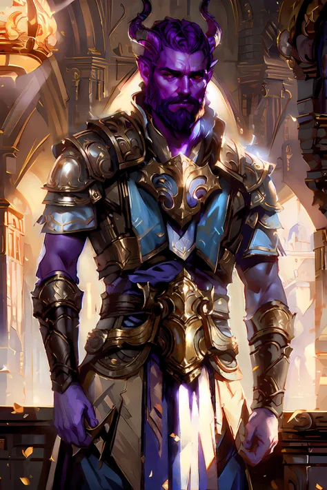magv1ll , cowboy shot of a Tiefling General Paladin , Purple skin, Orange eyes, Short beard, Long curled horns, Ornate Armor, Pauldrons, Belts, Forearm armor, courtroom background ((masterpiece, best quality)), artwork trending on artstation ,  volumetric light, smooth edges, atmosphere, volumetric light, caustics, absurdres, eye focus,  <lora:sxz-mtg:0.7> <lora:tiefling_offset:1>