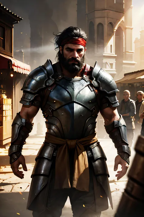 <lora:sxz-mtg:0.5>, rugged male warrior, bearded, toned body, black hair, full metal armor, red headband, shoulder guard, tall, outdoor, town, market, crowded, people, sunlight, sun, merchants,, volumetric light, realistic, dark atmosphere, volumetric light, caustics, absurdres, eye focus, contrast, dark scene, bright scene,