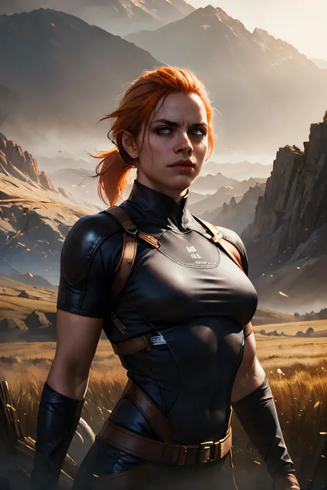 <lora:sxz-mtg:0.5>, beautiful rogue woman, leather straps, toned body, compression shirt, long hair, half pony tail, orange hair, outdoor, field, mountains,, volumetric light, realistic, dark atmosphere, volumetric light, caustics, absurdres, eye focus, contrast, dark scene, bright scene,, volumetric light, realistic, dark atmosphere, volumetric light, caustics, absurdres, eye focus, contrast, dark scene, bright scene,