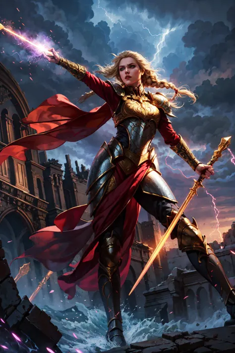 magv1ll, paladin lady in ornate black armor, red cape, blonde, braid, holding spear, dynamic pose, magic, glowing, particles, ruins, night, storm<lora:sxz-mtg:0.7>