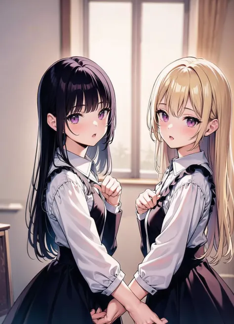 2 girls, masterpiec, best quality looking at viewer, , indoor, blonde hair, dress, symmetrical_docking