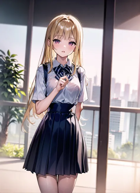 1 girl, masterpiec, best quality looking at viewer, , indoor, blonde hair, school uniform