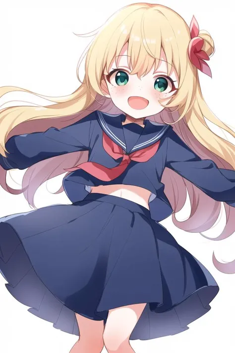 masterpiece, best quality, masterpiece,<lora:Buchi-4:1>, Buchi, 1girl, solo, white background,
serafuku, blue skirt, hair ornament,
very long hair, blonde hair, freckles, green eyes, white skin,
full body, happy, outstretched arms, open mouth, blush, very happy,