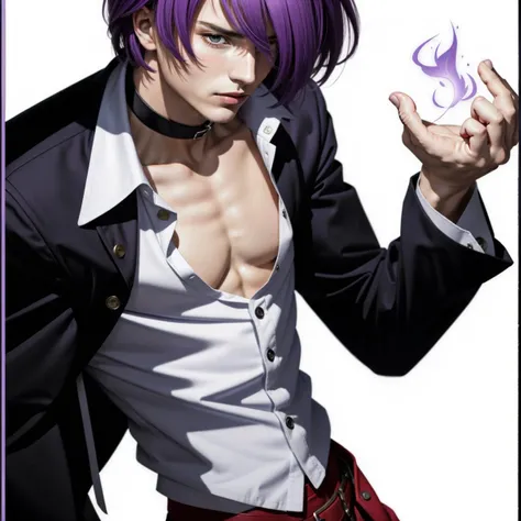 Iori Yagami, solo, simple background, 1boy, white background, upper body, male focus, ((red straight forward hair)) one Side swept fringe, choker, hair over one eye, fire, pectorals, pectoral cleavage, pyrokinesis, ((purple fire)), ((white button down shirt under jacket)), worlds end pirates oversized blouse, viviene westwood underbust velvet jacket, slightly above the navel short jacket, Bondage red pants, elastic leg bet expandable, realistic hands, realistic fingers