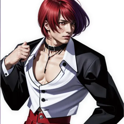 Iori Yagami, solo, simple background, 1boy, white background, upper body, male focus, ((red straight forward hair)) one Side swept fringe, choker, hair over one eye, fire, pectorals, pectoral cleavage, pyrokinesis, ((purple fire)), ((white button down shirt under jacket)), worlds end pirates oversized blouse, viviene westwood underbust velvet jacket, slightly above the navel short jacket, Bondage red pants, elastic leg bet expandable, ((realistic hands, realistic fingers)) ((red eyes))