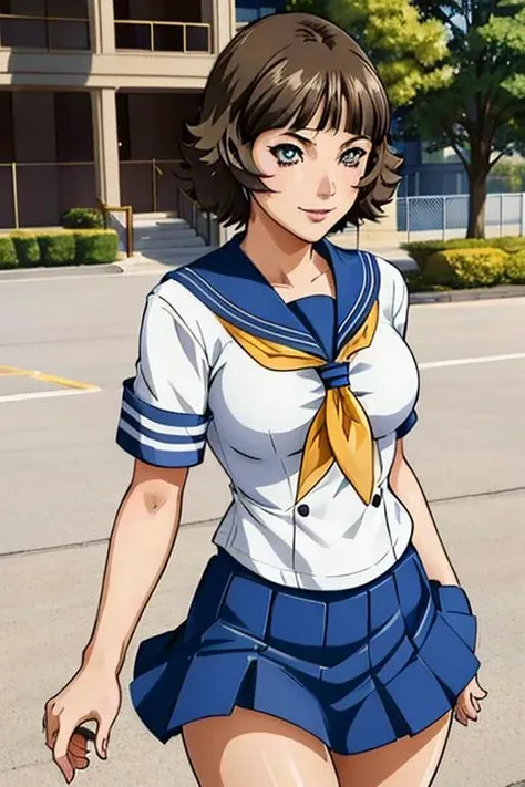 a photo of a woman, <lora:EkitokuV1.5:0.6>, ekitokuwz, school uniform, short hair, brown hair, serafuku, pleated skirt, blue skirt, brown eyes, yellow neckerchief, short sleeves, ((school yard, outdoors, walking)), smiling, <lora:adamhughes-07:0.7>, adam hughes style, ((extreme details, high quality art):1.2)), ((beautiful eyes, detailed eyes, beautiful face, detailed face):1.2)