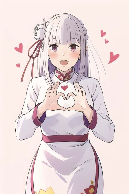 pure white background,<lora:1714503827145887877:1>,Tz7qw6 Artstyle,<lora:EmiliaV2:0.8>,Emilia,print_cheongsam,chinese_style,1girl,solo,heart hands,heart,smile,looking at viewer,:d,standing,blush,