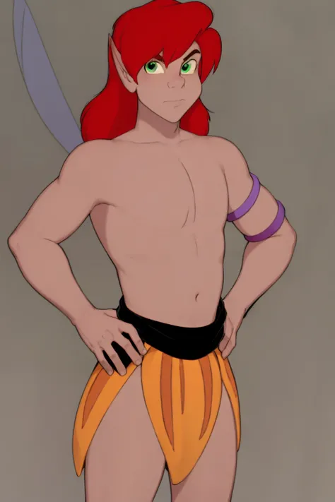 masterpiece, best quality, 1boy, pips, red hair, long hair, green eyes, pointy ears, fairy wings, hands on hips, looking at viewer, solo, simple background <lora:Pips:1>