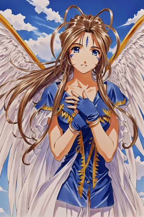 Kosuke Fujishima Style,
Belldandy,1girl,solo,wings,long hair,facial mark,jewelry,brown hair,forehead mark,blue eyes,bracelet,fingerless gloves,gloves,day,sky,cloud,angel wings,standing,ring,upper body,hand on own chest,traditional media,