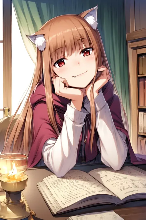 Koume Keito Style,
holo,animal ears,long hair,brown hair,1girl,solo,shiny hair,book,smile,wolf ears,shiny,closed mouth,red eyes,fang,hood,cloak,open book,indoors,head rest,shirt,fang out,long sleeves,straight hair,hood down,hand on own face,hand on own cheek,bangs,animal ear fluff,candle,
