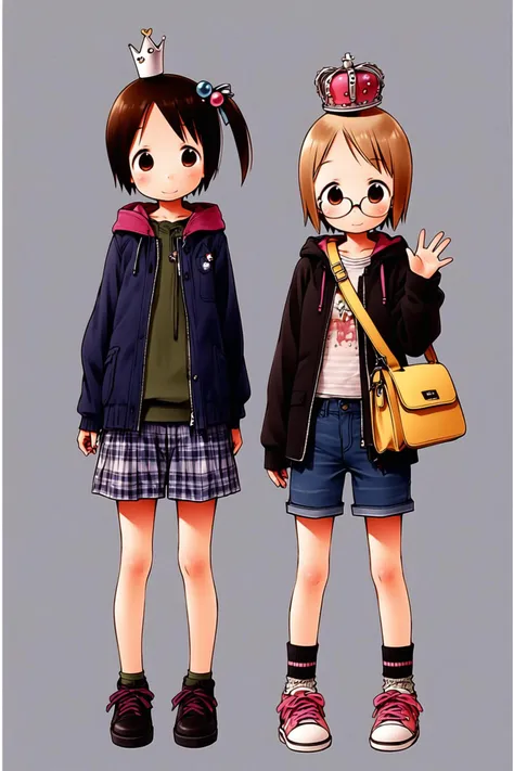 Barasui Style,
Miu Matsuoka,Chika Itou,Matsuri Sakuragi,multiple girls,2girls,shoes,glasses,brown hair,shorts,bag,socks,short hair,crown,handbag,smile,jacket,brown eyes,white background,hair ornament,simple background,long sleeves,standing,hood,skirt,looking at viewer,hoodie,sneakers,bow,side ponytail,hair bobbles,waving,full body,shoulder bag,blonde hair,siblings,denim,shirt,open clothes,sisters,frills,