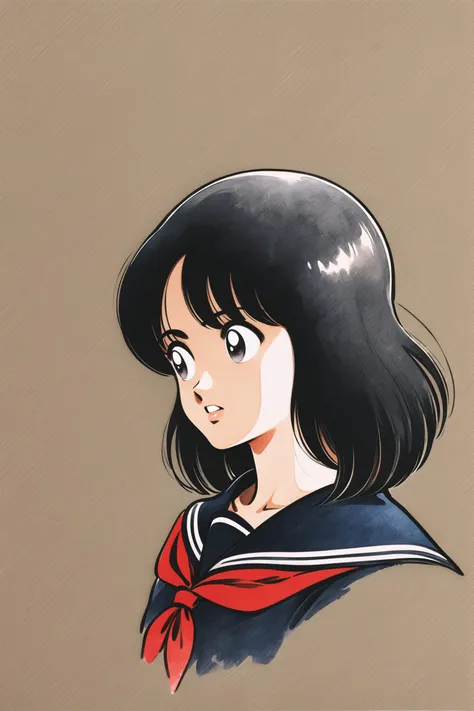 Adachi Style,
1girl,solo,black hair,red neckerchief,neckerchief,upper body,black sailor collar,sailor collar,school uniform,black shirt,simple background,serafuku,shirt,white background,black serafuku,parted lips,traditional media,medium hair,black eyes,cropped torso,