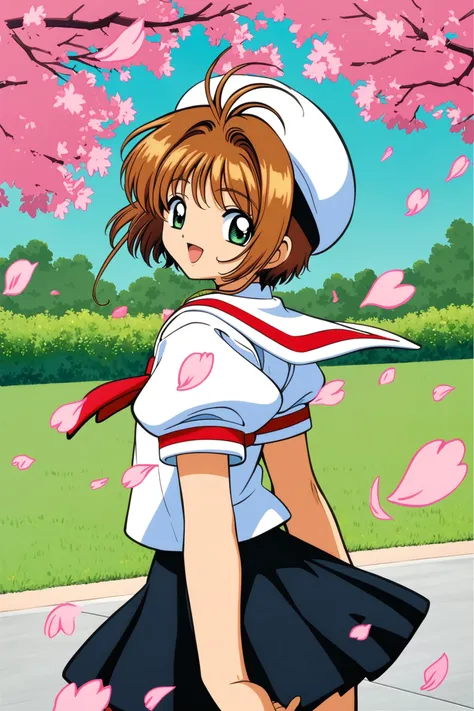 Card Captor Sakura Anime Style,
1girl,kinomoto sakura,solo,tomoeda elementary school uniform,green eyes,brown hair,skirt,school uniform,open mouth,hat,short sleeves,short hair,looking at viewer,smile,petals,puffy sleeves,black skirt,puffy short sleeves,antenna hair,white headwear,looking back,cherry blossoms,sailor collar,:d,white shirt,shirt,bangs,arms behind back,