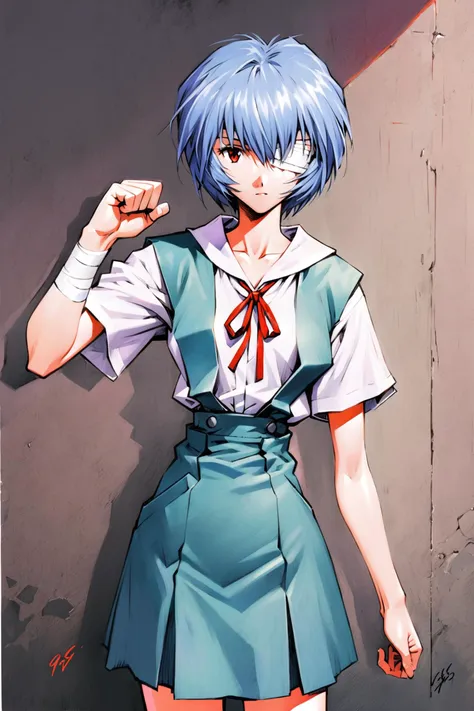 Sadamoto Yoshiyuki Style,
1girl,ayanami rei,short hair,blue hair,bandages,school uniform,solo,bandage over one eye,red eyes,ribbon,looking at viewer,tokyo-3 middle school uniform,shirt,short sleeves,closed mouth,neck ribbon,clenched hand,white shirt,cowboy shot,hand up,skirt,red ribbon,bandaged head,suspender skirt,expressionless,bangs,collarbone,signature,standing,bow,suspenders,arm at side,