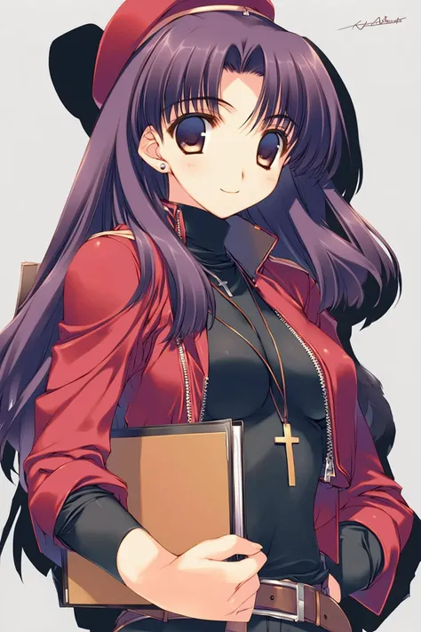 Amaduyu Tatsuki style,
katsuragi misato,1girl,jewelry,hat,jacket,red jacket,turtleneck,long sleeves,holding,open clothes,open jacket,long hair,smile,bangs,necklace,breasts,signature,purple hair,upper body,closed mouth,parted bangs,white background,solo,earrings,cross,stud earrings,black shirt,beret,brown eyes,uniform,red headwear,cross necklace,shadow,looking at viewer,zipper,belt,simple background,looking to the side,military,medium breasts,military uniform,light smile,small breasts,pendant,clipboard,zipper pull tab,holding book,cropped torso,silhouette,