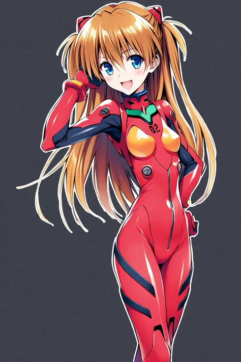 Yabuki Kentarou Style,
1girl,long hair,plugsuit,bodysuit,souryuu asuka langley,pilot suit,bracer,blue eyes,smile,breasts,bangs,turtleneck,solo,cowboy shot,:d,hair between eyes,gloves,red bodysuit,small breasts,looking at viewer,headgear,two side up,hand on hip,skinny,adjusting hair,narrow waist,standing,brown hair,science fiction,hand up,shiny clothes,hair ornament,happy,from side,shiny,skin tight,simple background,black background,