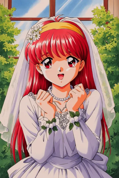 Kokura Masashi Style,
Fujisaki Shiori,1girl,retro artstyle,solo,1990s (style),yellow hairband,long hair,outdoors,red hair,open mouth,red eyes,hair ornament,veil,hair flower,white flower,wedding dress,window,leaf,upper body,white dress,pearl necklace,looking at viewer,bride,traditional media,bridal veil,