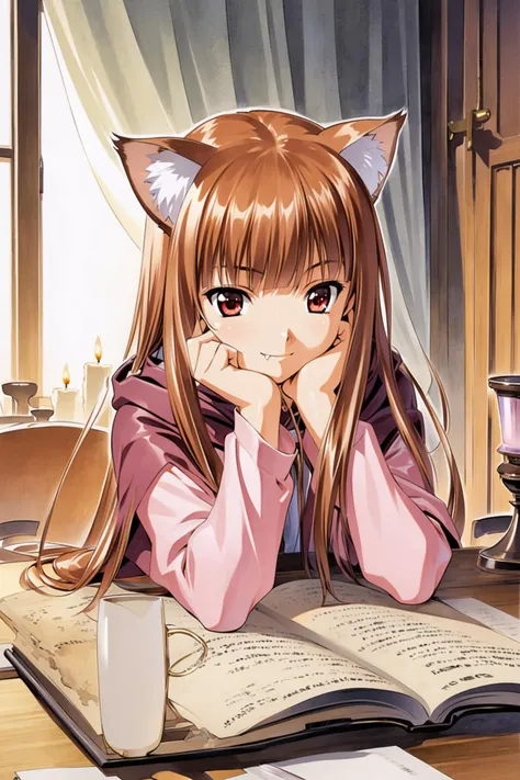 Kosuke Fujishima Style,
holo,animal ears,long hair,brown hair,1girl,solo,shiny hair,book,smile,wolf ears,shiny,closed mouth,red eyes,fang,hood,cloak,open book,indoors,head rest,shirt,fang out,long sleeves,straight hair,hood down,hand on own face,hand on own cheek,bangs,animal ear fluff,candle,traditional media,