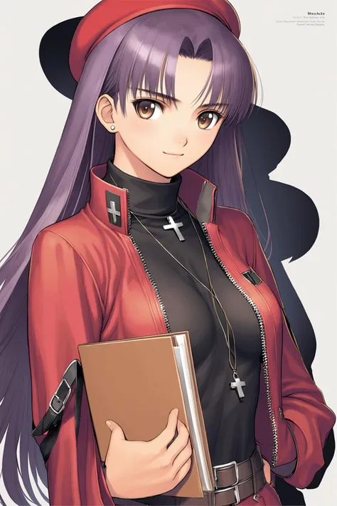 Tony Taka Style,
katsuragi misato,1girl,jewelry,hat,jacket,red jacket,turtleneck,long sleeves,holding,open clothes,open jacket,long hair,smile,bangs,necklace,breasts,signature,purple hair,upper body,closed mouth,parted bangs,white background,solo,earrings,cross,stud earrings,black shirt,beret,brown eyes,uniform,red headwear,cross necklace,shadow,looking at viewer,zipper,belt,simple background,looking to the side,military,medium breasts,military uniform,light smile,small breasts,pendant,clipboard,zipper pull tab,holding book,cropped torso,silhouette,