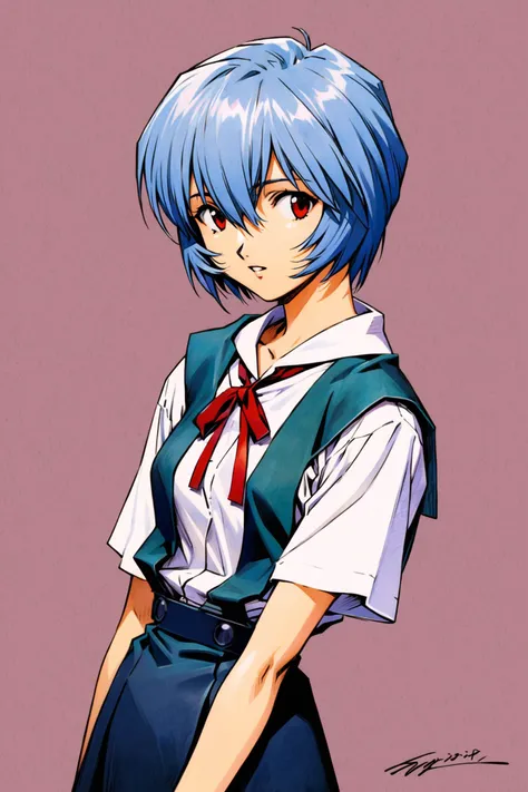 Sadamoto Yoshiyuki Style,
1girl,ayanami rei,solo,red eyes,short hair,school uniform,blue hair,tokyo-3 middle school uniform,signature,short sleeves,hair between eyes,suspender skirt,purple background,bangs,purple theme,shirt,cowboy shot,looking to the side,skirt,white shirt,looking at viewer,parted lips,suspenders,traditional media,