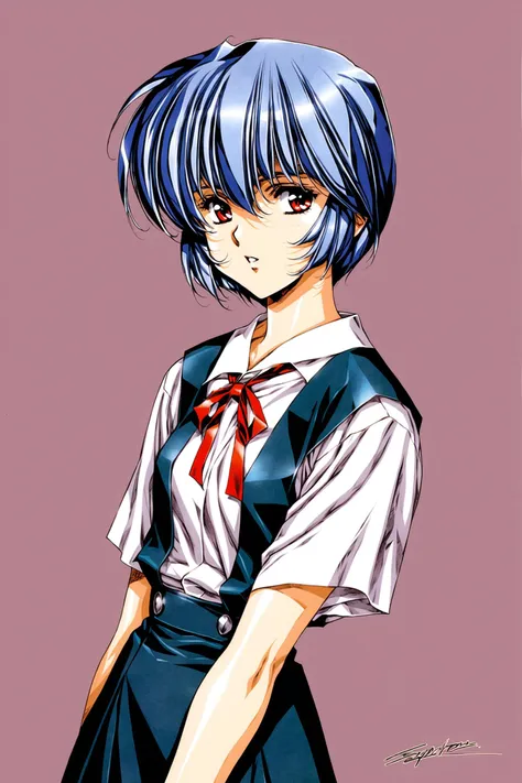 Urushihara Satoshi Style,
1girl,ayanami rei,solo,red eyes,short hair,school uniform,blue hair,tokyo-3 middle school uniform,signature,short sleeves,hair between eyes,suspender skirt,purple background,bangs,purple theme,shirt,cowboy shot,looking to the side,skirt,white shirt,looking at viewer,parted lips,suspenders,traditional media,