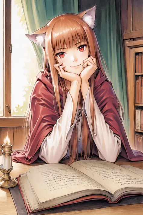 Yutaka Izubuchi Style,
holo,animal ears,long hair,brown hair,1girl,solo,shiny hair,book,smile,wolf ears,shiny,closed mouth,red eyes,fang,hood,cloak,open book,indoors,head rest,shirt,fang out,long sleeves,straight hair,hood down,hand on own face,hand on own cheek,bangs,animal ear fluff,candle,traditional media,