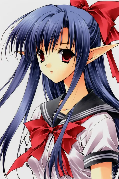 Suzuhira Hiro Style,
1girl,solo,school uniform,pointy ears,elf,blue hair,half updo,long hair,red eyes,ribbon,skirt,bow,zettai ryouiki,signature,serafuku,upper body,white background,looking at viewer,old version,traditional media,