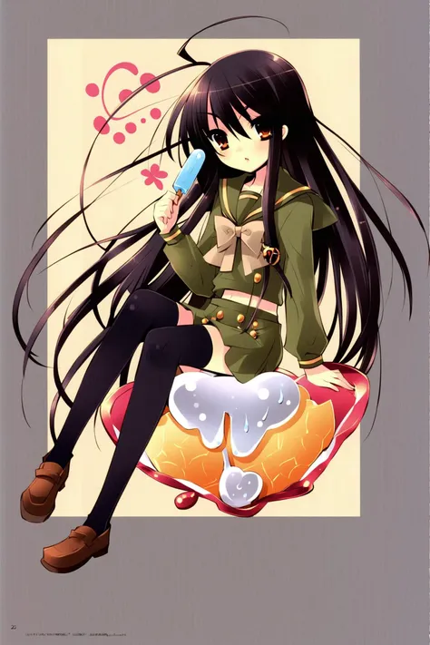 Itou Noizi Style,
1girl,shana,long hair,thighhighs,food,school uniform,solo,pendant,black hair,popsicle,alastor (shakugan no shana),jewelry,brown eyes,sitting,serafuku,ahoge,black thighhighs,zettai ryouiki,