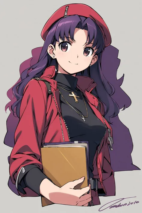 Kanzaki Hiro Style,
katsuragi misato,1girl,jewelry,hat,jacket,red jacket,turtleneck,long sleeves,holding,open clothes,open jacket,long hair,smile,bangs,necklace,breasts,signature,purple hair,upper body,closed mouth,parted bangs,white background,solo,earrings,cross,stud earrings,black shirt,beret,brown eyes,uniform,red headwear,cross necklace,shadow,looking at viewer,zipper,belt,simple background,looking to the side,military,medium breasts,military uniform,light smile,small breasts,pendant,clipboard,zipper pull tab,holding book,cropped torso,silhouette,