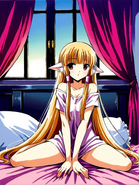 1girl, solo, masterpiece, ultra detailed eyes, (best quality), ultra-detailed, very aesthetic, illustration, perfect composition, intricate details, CHII, chobits, robot ears, long hair, blonde hair, brown eyes, hair tubes, artwork by marugoshi_teppei, fullbody shot, girly bedroom, sunlight from window illuminates her body silhouette, BREAK
only wearing an oversize tee, bare shoulder, doing her morning stretch, on her messy bed, tired, just waking up, BREAK