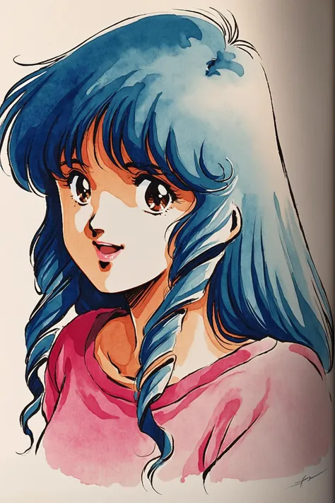 Haruhiko Mikimoto Style,
Lynn Minmay,1girl,solo,1980s (style),retro artstyle,long hair,blue hair,sweater,open mouth,brown eyes,light smile,drill hair,upper body,looking at viewer,traditional media,watercolor \(medium\),