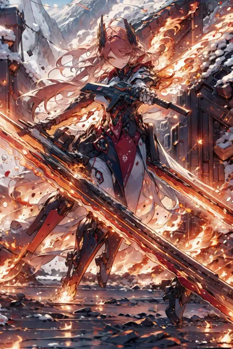 1girl, solo, ROBOT phoenix, red theme, mecha musume, mechanical parts, robot joints, red hair, long hair, flowing hair, ahoge :1.2, yellow eyes, small breasts, PHOENIX DRESS, red wings, feathered wings, landing_wings, fire, flames, flying, outdoor, snow, winter, ice field, snowy mountain, <lora:phoenix_dress-1.0:0.8> <lora:landing_wings:0.9> <lyco:Robotaction:0.8>