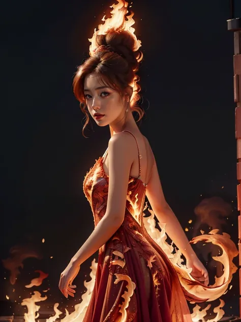 beautiful woman wearing a (phoenix dress)<lora:phoenix_dress-1.0:0.8>, fire, flames,
8k, masterpiece, highly detailed, solo,
Rapture City,
Fish-Eye Lens, from side,
Doing a silly pose,
depressed,
Pompadour,
Ash Brown hair,