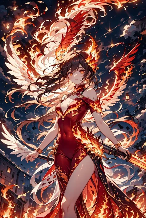 AS-YoungestV2, 1girl, solo, red hair, long hair, flowing hair, ahoge :1.2, glowing yellow eyes, small breasts, PHOENIX DRESS, holding red sword by the handle, red wings, feathered wings, landing_wings, fire, flames, flying, outdoor, sky, night, full moon, <lora:phoenix_dress-1.0:0.8> <lora:landing_wings:0.9> <lora:hailoknightV2E12:0.9>