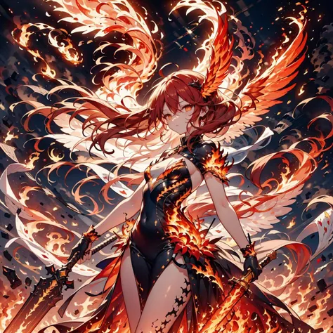 AS-YoungestV2, 1girl, solo, cowboy shot, red hair, long hair, flowing hair, ahoge :1.2, glowing yellow eyes, small , PHOENIX DRESS, HAILOKNIGHT, holding red sword by the handle, red wings, feathered wings, landing_wings, fire, flames, flying, outdoor, sky, night, full moon, <lora:phoenix_dress-1.0:0.8> <lora:landing_wings:0.9> <lora:hailoknightV2E12:0.9>