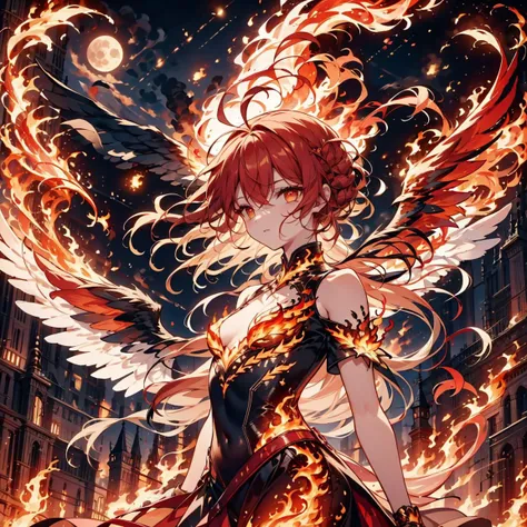AS-YoungestV2, 1girl, solo, upper body, red hair, long hair, flowing hair, ahoge :1.2, glowing yellow eyes, small breasts, PHOENIX DRESS, HAILOKNIGHT, holding red sword by the handle, red wings, feathered wings, landing_wings, fire, flames, flying, outdoor, sky, night, full moon, <lora:phoenix_dress-1.0:0.8> <lora:landing_wings:0.9> <lora:hailoknightV2E12:0.9>
