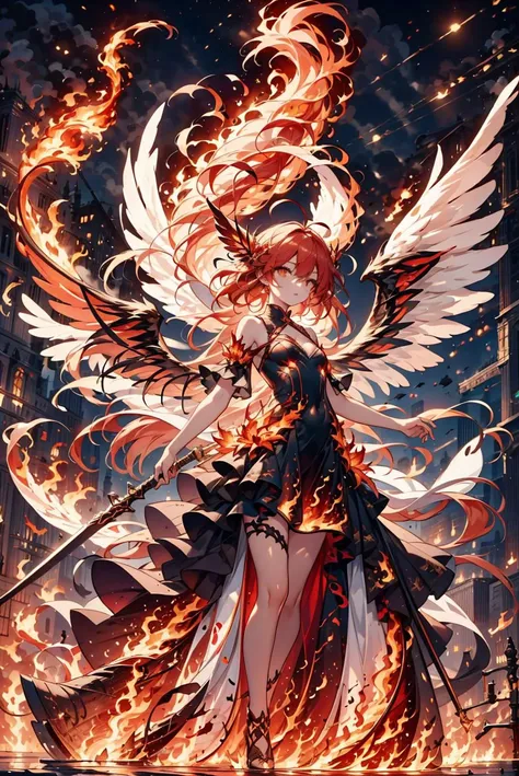 AS-YoungestV2, 1girl, solo, red hair, long hair, flowing hair, ahoge :1.2, glowing yellow eyes, small breasts, PHOENIX DRESS, holding red sword by the handle, red wings, feathered wings, landing_wings, fire, flames, flying, outdoor, sky, night, full moon, <lora:phoenix_dress-1.0:0.8> <lora:landing_wings:0.9> <lora:hailoknightV2E12:0.9>