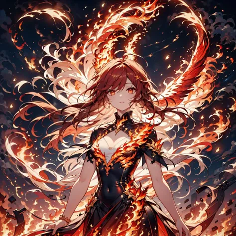 AS-YoungestV2, 1girl, solo, upper body, red hair, long hair, flowing hair, ahoge :1.2, glowing yellow eyes, small breasts, PHOENIX DRESS, HAILOKNIGHT, holding red sword by the handle, red wings, feathered wings, landing_wings, fire, flames, flying, outdoor, sky, night, full moon, <lora:phoenix_dress-1.0:0.8> <lora:landing_wings:0.9> <lora:hailoknightV2E12:0.9>
