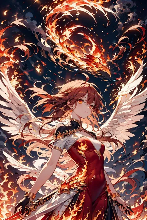 AS-YoungestV2, 1girl, solo, red hair, long hair, flowing hair, ahoge :1.2, glowing yellow eyes, small breasts, PHOENIX DRESS, holding red sword by the handle, red wings, feathered wings, landing_wings, fire, flames, flying, outdoor, sky, night, full moon, <lora:phoenix_dress-1.0:0.8> <lora:landing_wings:0.9> <lora:hailoknightV2E12:0.9>