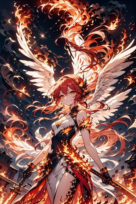 AS-YoungestV2, 1girl, solo, red hair, long hair, flowing hair, ahoge :1.2, glowing yellow eyes, small breasts, PHOENIX DRESS, holding red sword by the handle, red wings, feathered wings, landing_wings, fire, flames, flying, outdoor, sky, night, full moon, <lora:phoenix_dress-1.0:0.8> <lora:landing_wings:0.9> <lora:hailoknightV2E12:0.9>