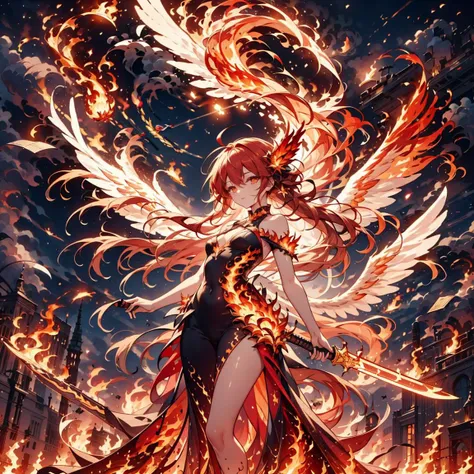AS-YoungestV2, 1girl, solo, red hair, long hair, flowing hair, ahoge :1.2, glowing yellow eyes, small breasts, PHOENIX DRESS, HAILOKNIGHT, holding red sword by the handle, red wings, feathered wings, landing_wings, fire, flames, flying, outdoor, sky, night, full moon, <lora:phoenix_dress-1.0:0.8> <lora:landing_wings:0.9> <lora:hailoknightV2E12:0.9>