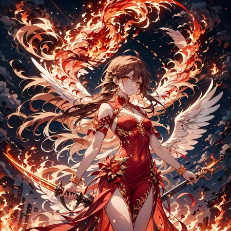 AS-YoungestV2, 1girl, solo, cowboy shot, red hair, long hair, flowing hair, ahoge :1.2, glowing yellow eyes, small , PHOENIX DRESS, HAILOKNIGHT, holding red sword by the handle, red wings, feathered wings, landing_wings, fire, flames, flying, outdoor, sky, night, full moon, <lora:phoenix_dress-1.0:0.8> <lora:landing_wings:0.9> <lora:hailoknightV2E12:0.9>