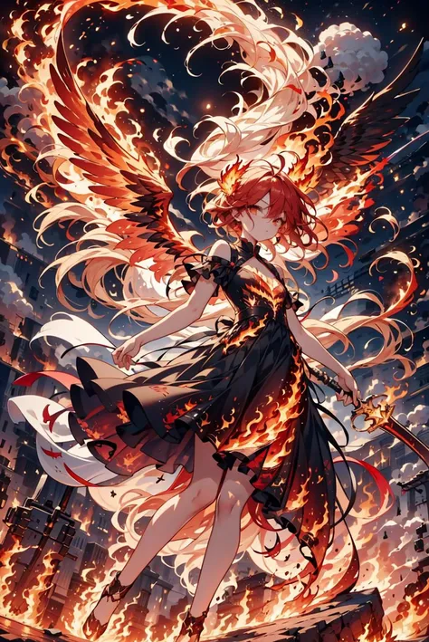 AS-YoungestV2, 1girl, solo, red hair, long hair, flowing hair, ahoge :1.2, glowing yellow eyes, small , PHOENIX DRESS, HAILOKNIGHT, holding red sword by the handle, red wings, feathered wings, landing_wings, fire, flames, flying, outdoor, sky, night, full moon, <lora:phoenix_dress-1.0:0.8> <lora:landing_wings:0.9> <lora:hailoknightV2E12:0.9>